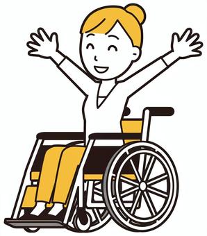  お団子主婦(黄)-506-全身 車いす,女性,主婦,ママ,長袖,シャツ,半端袖,お団子,アップヘア,母のイラスト素材
