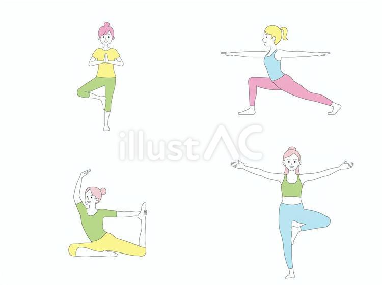 ヨガ・ピラティスのポーズ４種セット ヨガ,ポーズ,ピラティスのイラスト素材