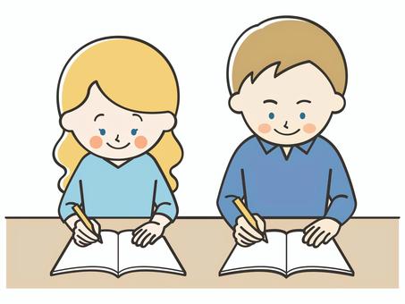 勉強をする外国人の男女 女性,男性,男女,カップル,夫婦,外国人,留学生,勉強,宿題,学習のイラスト素材