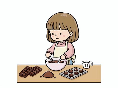 バレンタインデーのシチュエーション-4 バレンタイン,バレンタインデー,チョコ,お菓子,女の子,チョコレート,手作り,エプロン,ボウル,台所のイラスト素材
