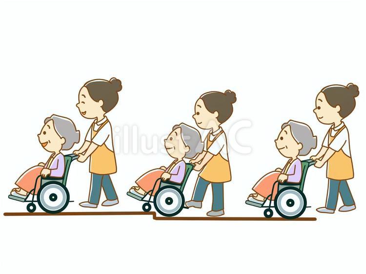 車いすで段差を上がる 高齢者,介護士,車いすのイラスト素材