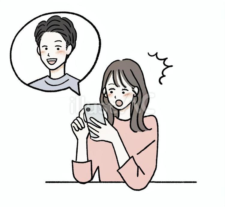 男性から連絡がきて驚く女性 マッチングアプリ,カップル,スマホのイラスト素材