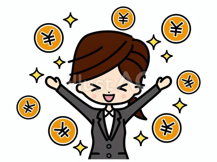 お金を手に入れた女性・スーツ1（カラー) 女性,バンザイ,お金のイラスト素材