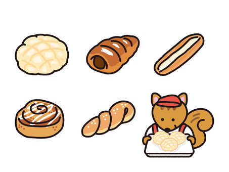 パン屋のスタッフりすと菓子パンセット パン屋のスタッフりすと菓子パンセット リス,シマリス,動物,小動物,メロンパン,チョココロネ,コロネ,ミルクフランス,フランスパン,シナモンパンのイラスト素材