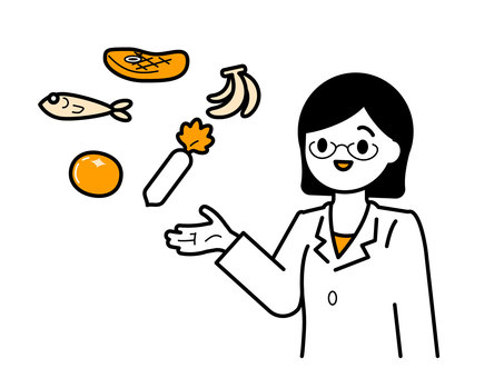 管理栄養士と食べ物01 人物,女性,食べ物,野菜,トマト,大根,魚,肉,バナナ,白衣のイラスト素材