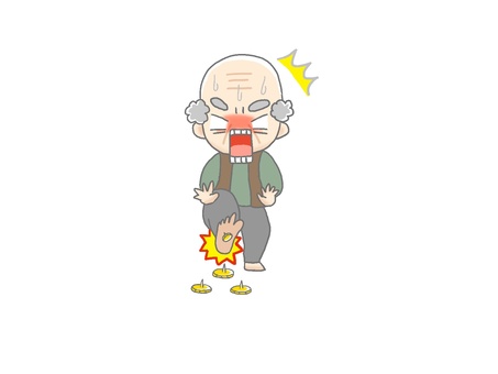 画鋲が刺さるおじいちゃん２ 手描き,おじいちゃん,高齢者,老人,白髪,素足,画鋲,踏む,刺さる,危険のイラスト素材