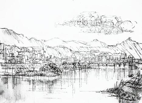 ペン画 街角の風景画 モノクロ アート 70歳の男性が描いたペン画「故郷