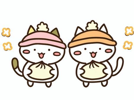 冬にホカホカ肉まんを一緒に食べるねこ友達 肉まん,中華まん,ねこ,食べる,冬,ホカホカ,おやつ,あんまん,ピザまん,友達のイラスト素材