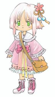 桜色の少女 女の子,透過,手書き,水彩,かわいい,萌え,立ち絵,全身,桜色,リボンのイラスト素材