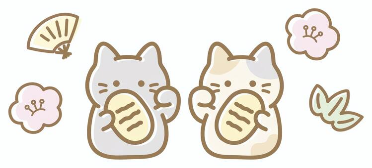 かわいい招き猫と梅と笹・年賀状素材 猫,招き猫,年賀状,正月,お正月,ねこ,黒猫,三毛猫,縁起物,ネコのイラスト素材