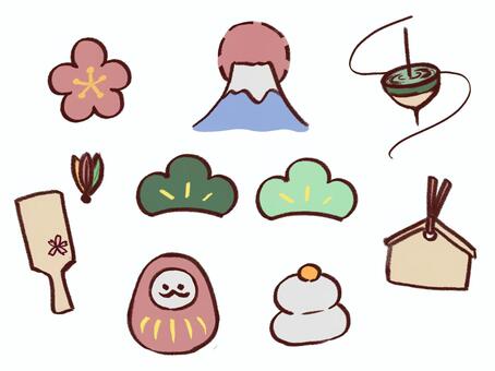 手書きお正月アイコンまとめ 正月,行事,アイコン,セット,ゆるい,手描き,フリーハンド,富士山,松,コマのイラスト素材