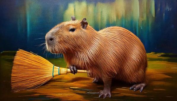 Capybara is cleaning with a broom, aufräumen, jahresende, capybara, JPG