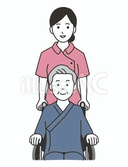 車椅子のシニア男性を介助する女性看護師