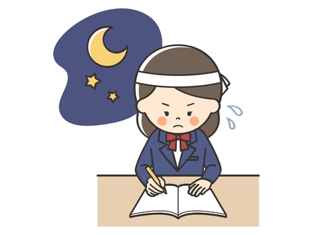 夜に試験勉強をする女子学生 勉強,宿題,学習,テスト勉強,テスト,学ぶ,学び,課題,塾,学習塾のイラスト素材