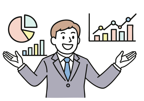 データを説明するビジネスマンのプレゼン 男性,働く,人物,ビジネス,投資,パステルカラー,プレゼンテーション,金融,スーツ,資料のイラスト素材