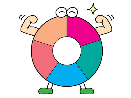 ガッツポーズする円グラフ 円グラフ,空欄,目,ガッツポーズ,カラフル,可愛い,pop調,手描き,挿絵,ワンポイントのイラスト素材