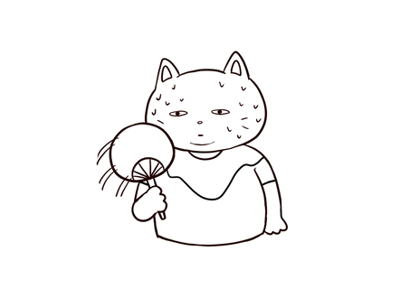 うちわで仰ぐ汗をかいている猫(白黒) 猫,うちわ,汗,多汗,びしょびしょ,デブ,太った,太っている,濡れた,シャツのイラスト素材