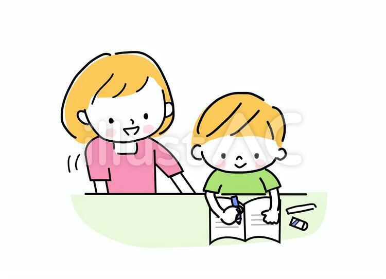夏休みの勉強をする男の子とママ 人物,子供,勉強のイラスト素材