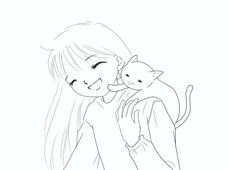 猫と女の子 猫,女の子,女性,笑顔,ロングヘア,長袖,秋,冬,かわいい,挿絵のイラスト素材
