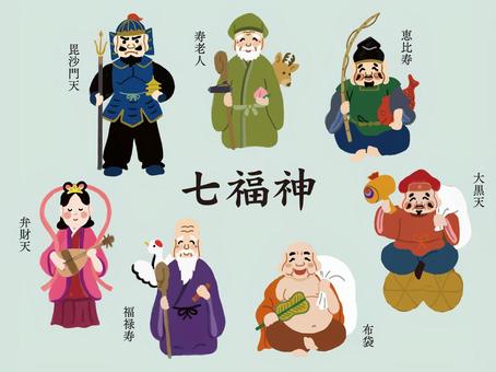 かわいい七福神の手描きイラスト　 七福神,恵比寿,大黒天,毘沙門天,弁財天,布袋,福禄寿,寿老人,挨拶,正月のイラスト素材