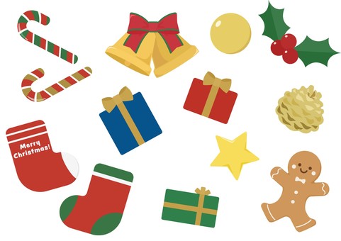 クリスマスの飾りモチーフセット クリスマスの飾りモチーフセット クリスマス,飾り,モチーフ,セット,靴下,ベル,ジンジャーブレッドマン,ジンジャーブレッド,クッキー,お菓子のイラスト素材