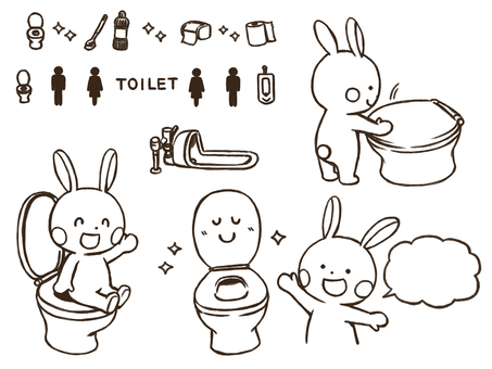 トイレセット(太線版) トイレ,ウサギ,飾り線,ブラシ,洗剤,トイレットペーパー,男,女,シルエット,マークのイラスト素材