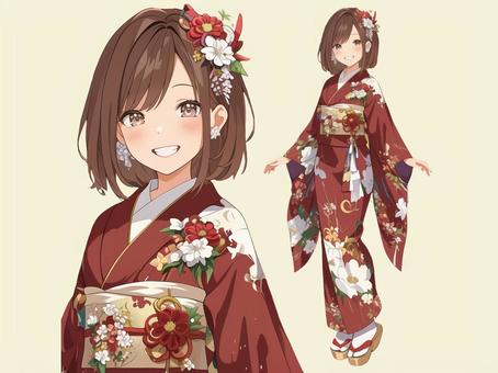 笑顔の女性と赤い振袖