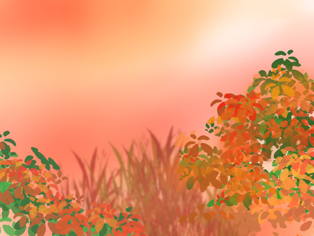 夕焼けと草むらのイラスト 夕焼け,草,草むら,風景,背景,壁紙,イラスト,手描きのイラスト素材