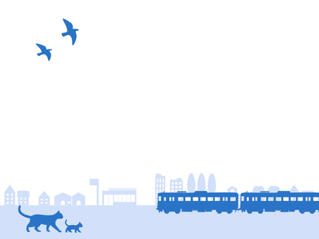 猫と電車のシルエット背景（ブルー） 猫,電車,シルエット,街並,動物,建物,テンプレート,かわいい,鳥,ブルーのイラスト素材