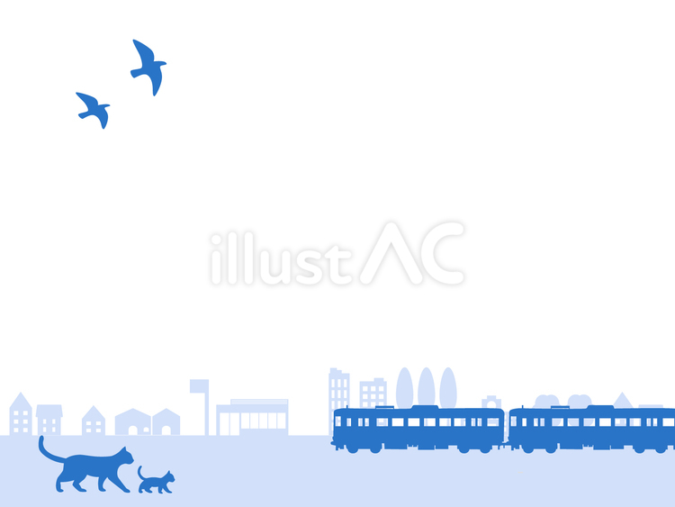 猫と電車のシルエット背景（ブルー） 猫,電車,シルエットのイラスト素材