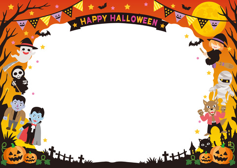 ハロウィンのパーティフレーム02_26 ハロウィン,フレーム,背景,壁紙,枠,囲み枠,飾り枠,飾り,10月,秋のイラスト素材