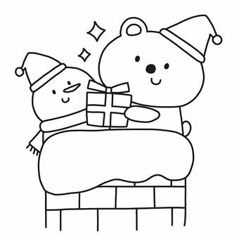 煙突からくまサンタと雪だるま クリスマス,煙突,くま,雪だるま,サンタ,帽子,プレゼント,冬,動物,モノトーンのイラスト素材