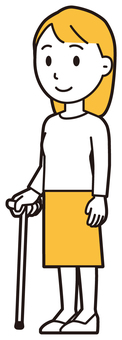  ロングヘア女性(黄)-343-全身 立つ,女性,女の子,人物,かわいい,起立,杖,つえ,ツエ,若いのイラスト素材