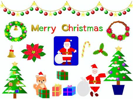 かわいいクリスマスのイラストセット　 クリスマス,オーナメント,クリスマスリース,サンタクロース,柴犬,子犬,プレゼント,ベル,ポインセチア,ヒイラギのイラスト素材