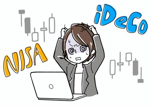 資産運用に混乱するOL  グレー イデコ,ideco,nisa,ニーサ,女性,パソコン,かわいい,おしゃれ,チャート,資産運用のイラスト素材