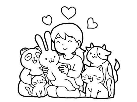 【白黒】ぬいぐるみコレクター【線画】 ぬいぐるみ,動物,コレクター,コレクション,女性,ハート,幸せ,白黒,線画のイラスト素材