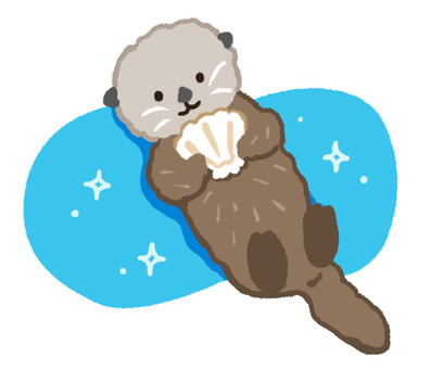 水面に浮いて泳いでいる貝を持ったラッコ ラッコ,泳ぐ,水族館,貝,持つ,顔,微笑む,笑う,笑顔,表情のイラスト素材