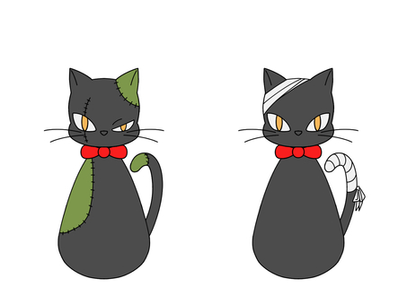 ハロウィンネコ2 色あり ハロウィンネコ2 色あり ハロウィン,猫,黒猫,コスプレ,仮装,ゾンビ,ツギハギ,包帯,マミー,ミイラのイラスト素材