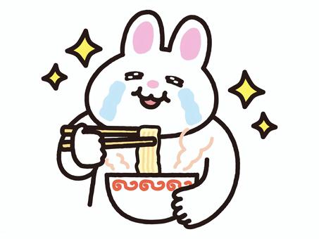 ラーメンに感動して涙を流すうさぎ 感動,涙,号泣,キラキラ,美味しい,至福,幸せ,ラーメン,麺,麺類のイラスト素材