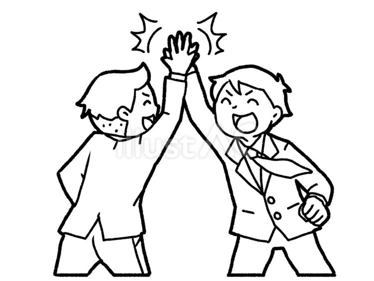 【白黒】ハイタッチ【線画】 ハイタッチ,笑顔,会社員のイラスト素材