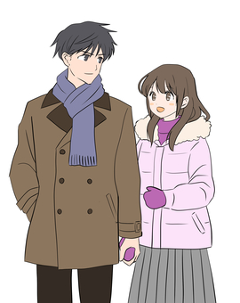 手をつなぐカップル 手,つなぐ,握る,カップル,マフラー,コート,ダウンジャケット,プリーツスカート,スカート,冬のイラスト素材