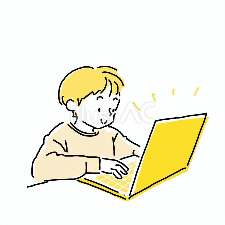 パソコンを使う小学生男の子手描きイラスト パソコン,こども,男の子のイラスト素材