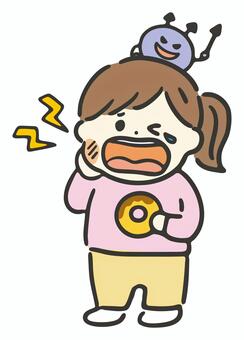 虫歯が痛む女の子のイラスト 虫歯,バイ菌,虫歯菌,歯,痛い,腫れる,女の子,ズキズキ,健康,歯科のイラスト素材