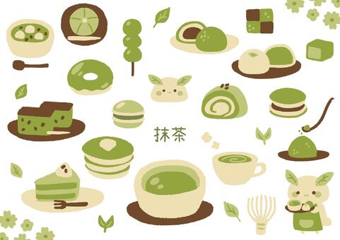 ほんわか可愛い抹茶のイラストセット 抹茶,セット,食べ物,スイーツ,かわいい,飲み物,和菓子,洋菓子,植物,葉のイラスト素材