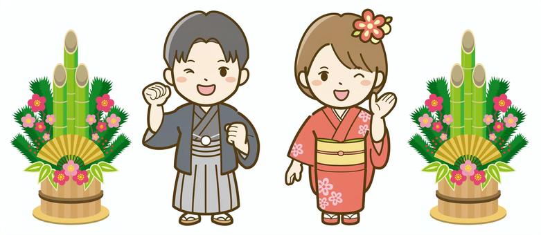 着物姿の子供たちと門松_25 子供,男の子,女の子,子ども,正月,お正月,新年,年賀状,年賀状素材,素材のイラスト素材