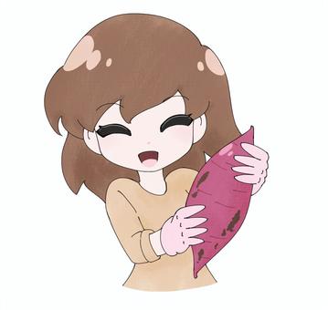 さつまいもを抱える女子1 女性,女子,女の子,さつまいも,芋掘り,収穫,秋,農作業,畑,農業のイラスト素材