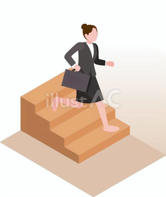 自宅の階段を駆け降りるOL 自宅,家,階段のイラスト素材