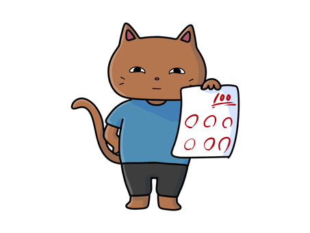 100点のテストを見せつける猫のイラスト テスト,猫,100点,満点,勉強,学校,手描き,得意げ,満足,試験のイラスト素材