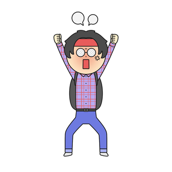 激怒して顔を真っ赤にする男性オタク 男性,人物,オタク,ステレオタイプ,平成,メガネ,瓶底メガネ,バンダナ,チェックシャツ,リュックのイラスト素材