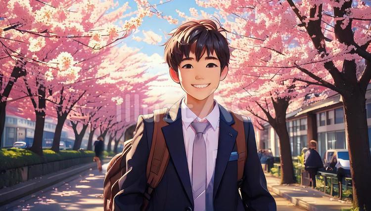 桜並木を歩く男子高校生 春,男子,新生活のイラスト素材